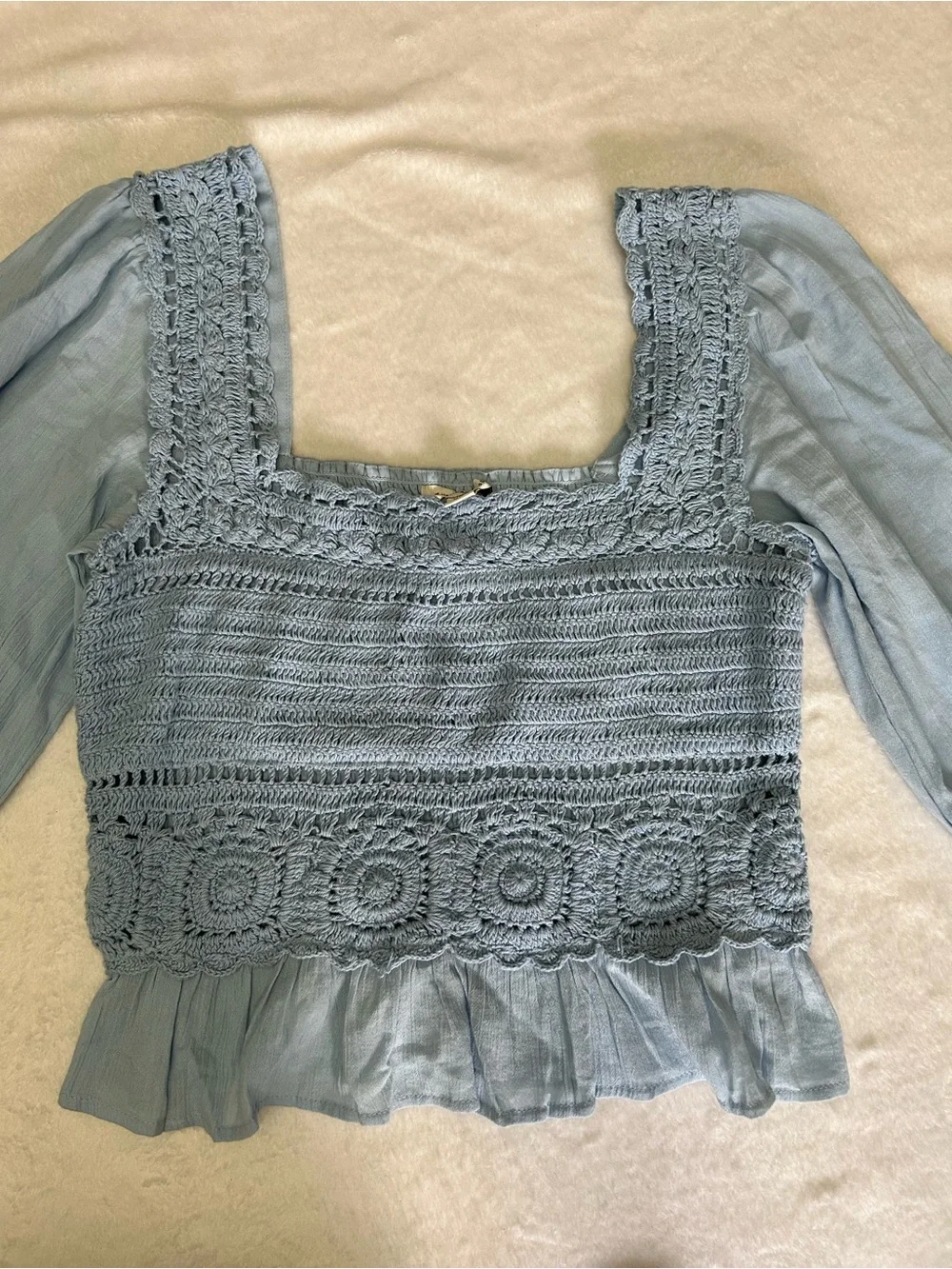 American Eagle size Medium Light Blue Cottagecore Crochet Peasant Boho Blouse
